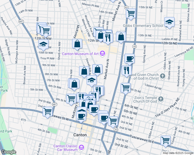 map of restaurants, bars, coffee shops, grocery stores, and more near 817 Market Avenue North in Canton
