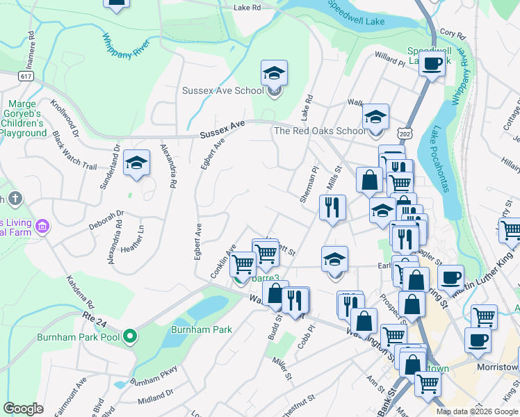 map of restaurants, bars, coffee shops, grocery stores, and more near 32 Kenmuir Avenue in Morristown
