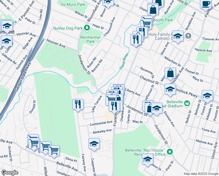 map of restaurants, bars, coffee shops, grocery stores, and more near 26 Grove Street in Belleville