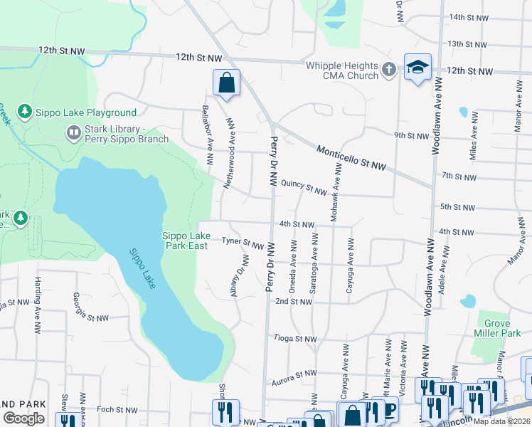 map of restaurants, bars, coffee shops, grocery stores, and more near 415 Perry Drive Northwest in Canton