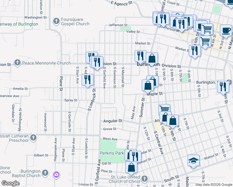 map of restaurants, bars, coffee shops, grocery stores, and more near 506 South Gunnison Street in Burlington