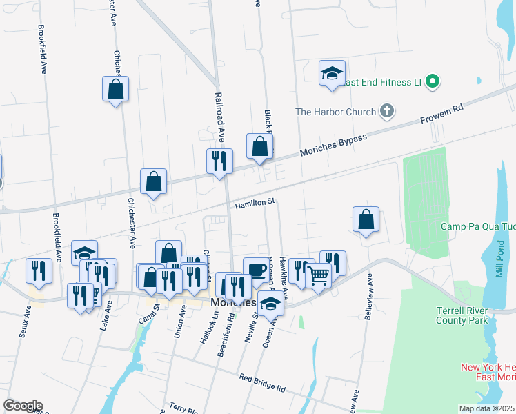 map of restaurants, bars, coffee shops, grocery stores, and more near 89 Railroad Avenue in Center Moriches