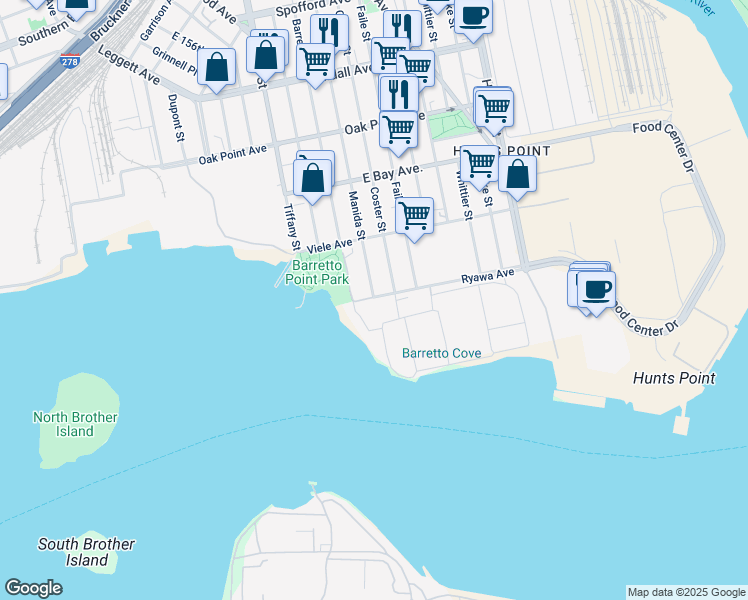 map of restaurants, bars, coffee shops, grocery stores, and more near 1270 Ryawa Avenue in The Bronx