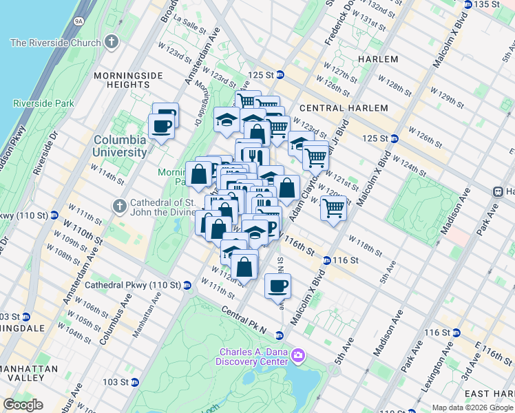 map of restaurants, bars, coffee shops, grocery stores, and more near 251 West 116th Street in New York