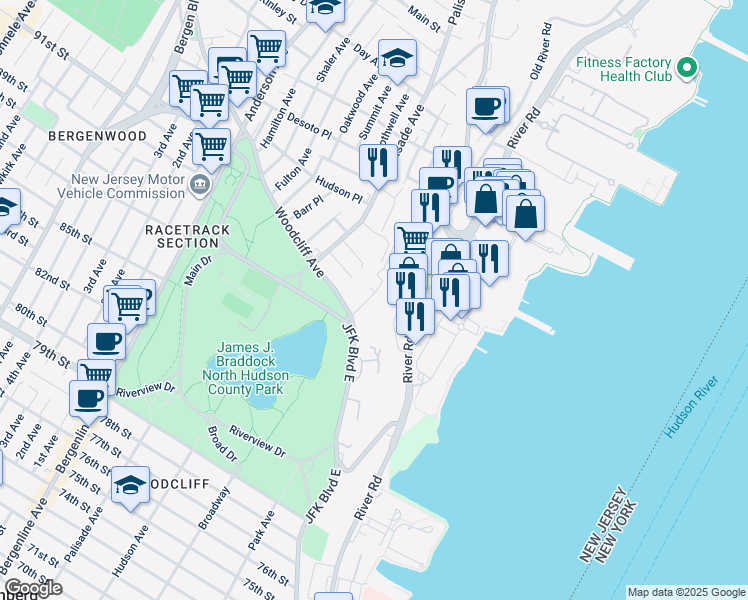 map of restaurants, bars, coffee shops, grocery stores, and more near 9032 Wall Street in North Bergen