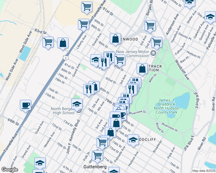 map of restaurants, bars, coffee shops, grocery stores, and more near 8009 5th Avenue in North Bergen