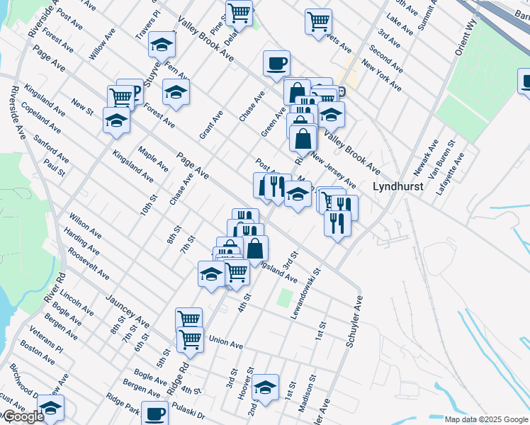 map of restaurants, bars, coffee shops, grocery stores, and more near 556 Page Avenue in Lyndhurst