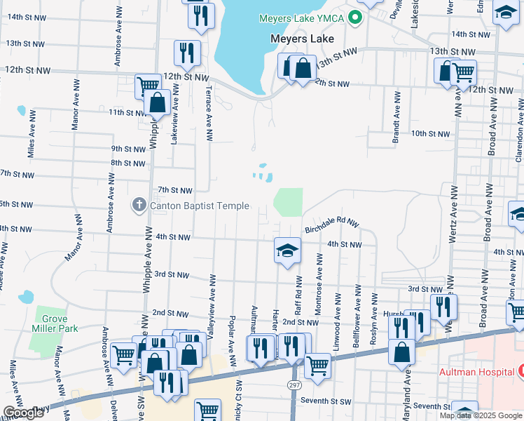 map of restaurants, bars, coffee shops, grocery stores, and more near 512 Aultman Avenue Northwest in Canton