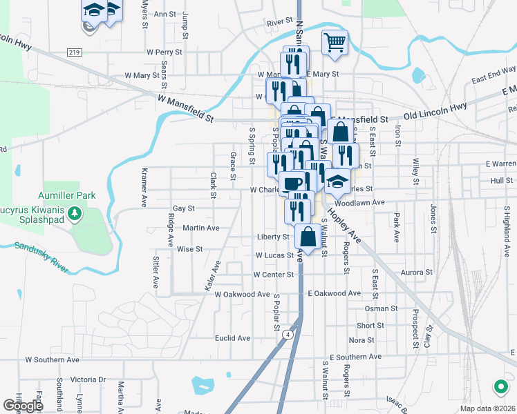 map of restaurants, bars, coffee shops, grocery stores, and more near 506 South Spring Street in Bucyrus