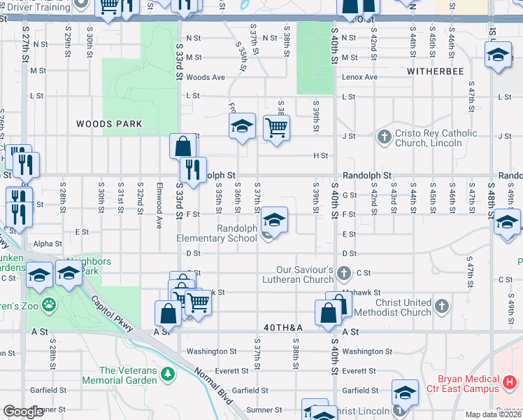 map of restaurants, bars, coffee shops, grocery stores, and more near 3720 F Street in Lincoln