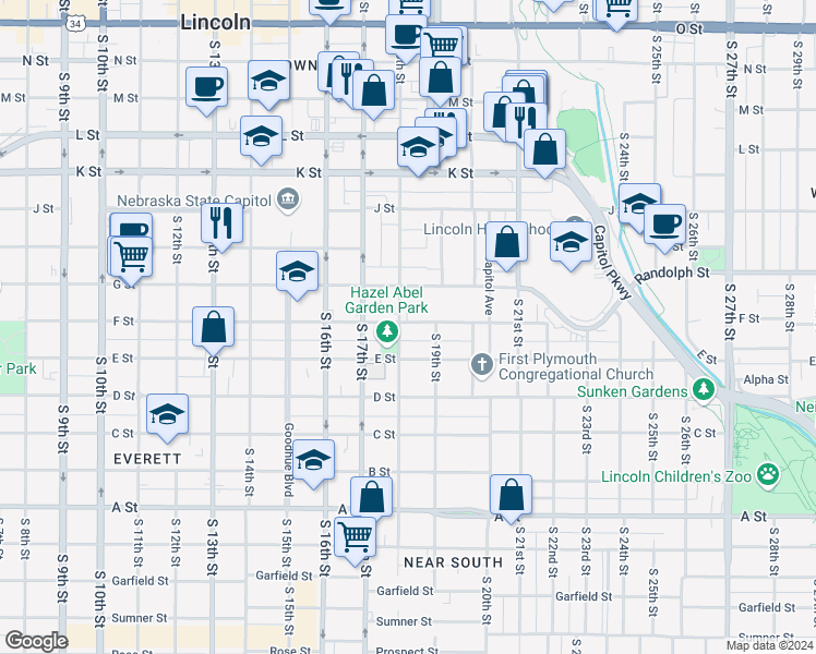 map of restaurants, bars, coffee shops, grocery stores, and more near 1827 F Street in Lincoln