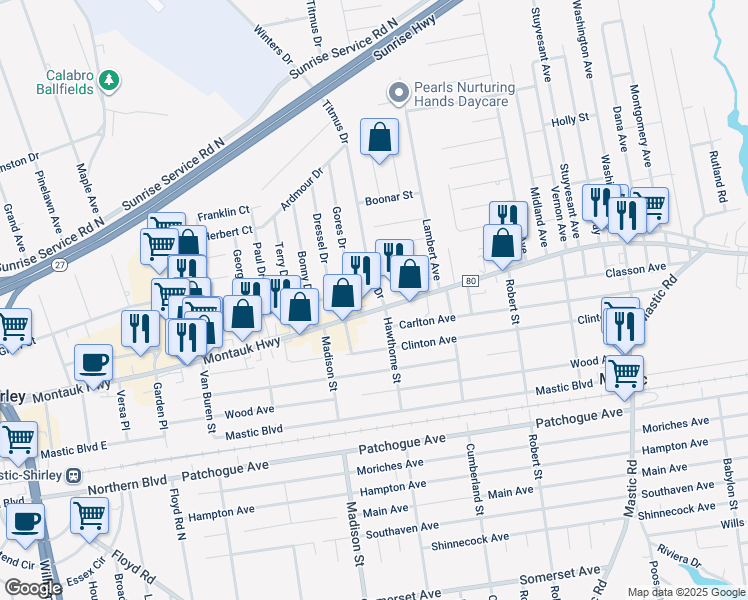 map of restaurants, bars, coffee shops, grocery stores, and more near 1265 Montauk Highway in Mastic