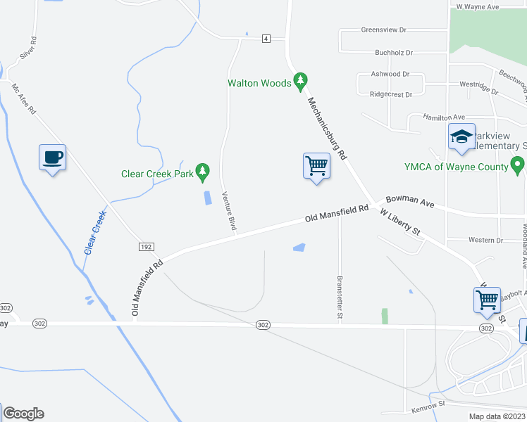 map of restaurants, bars, coffee shops, grocery stores, and more near 1699 Old Mansfield Road in Wooster