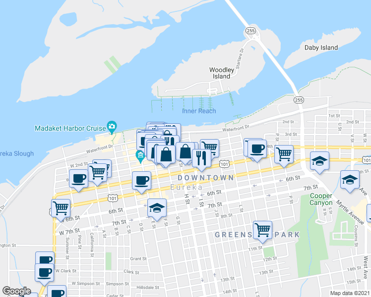 map of restaurants, bars, coffee shops, grocery stores, and more near 724 2nd Street in Eureka