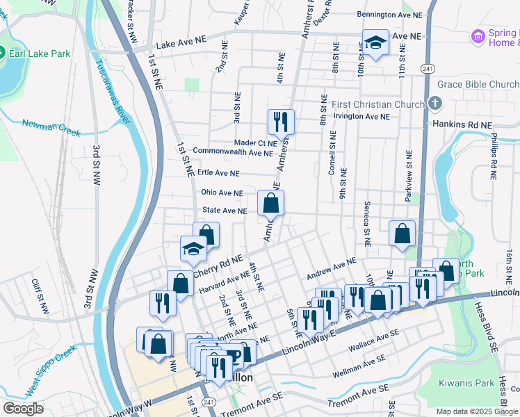 map of restaurants, bars, coffee shops, grocery stores, and more near 807 Amherst Road Northeast in Massillon