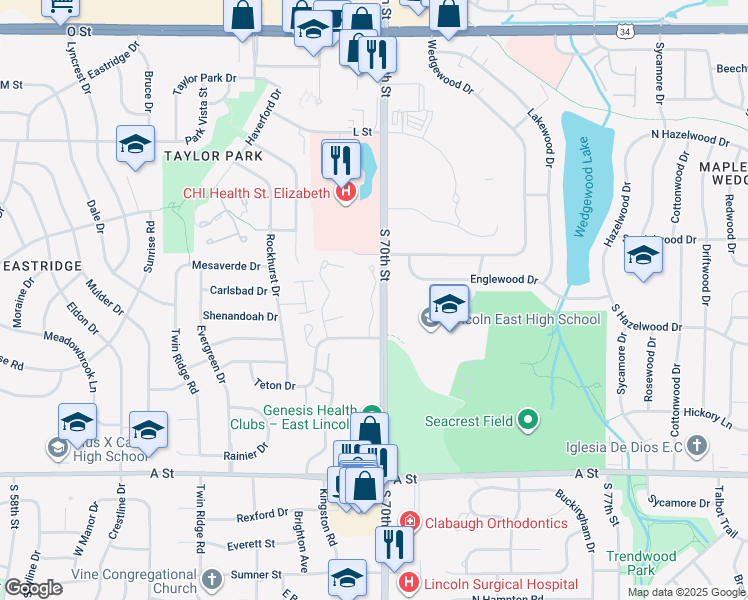 map of restaurants, bars, coffee shops, grocery stores, and more near 320 Roanoke Court in Lincoln