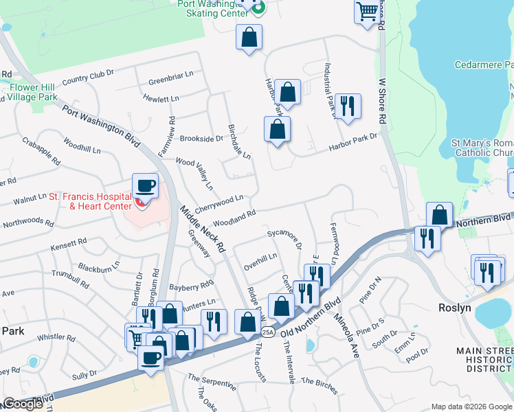 map of restaurants, bars, coffee shops, grocery stores, and more near 18 Woodland Road in Roslyn
