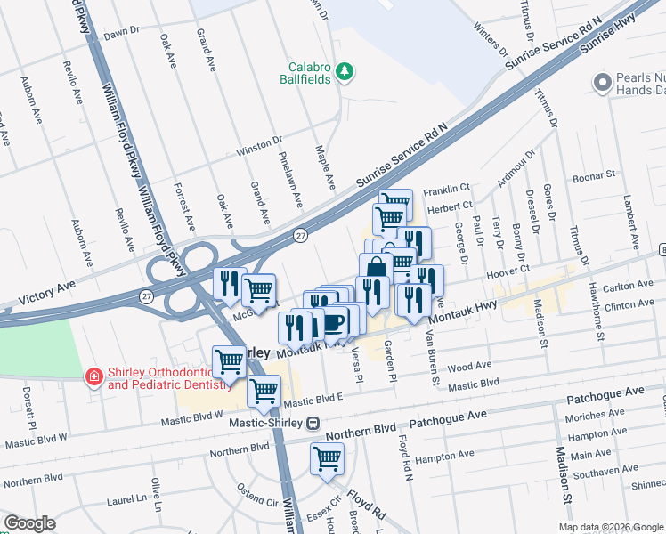 map of restaurants, bars, coffee shops, grocery stores, and more near 2 Pinelawn Avenue in Shirley
