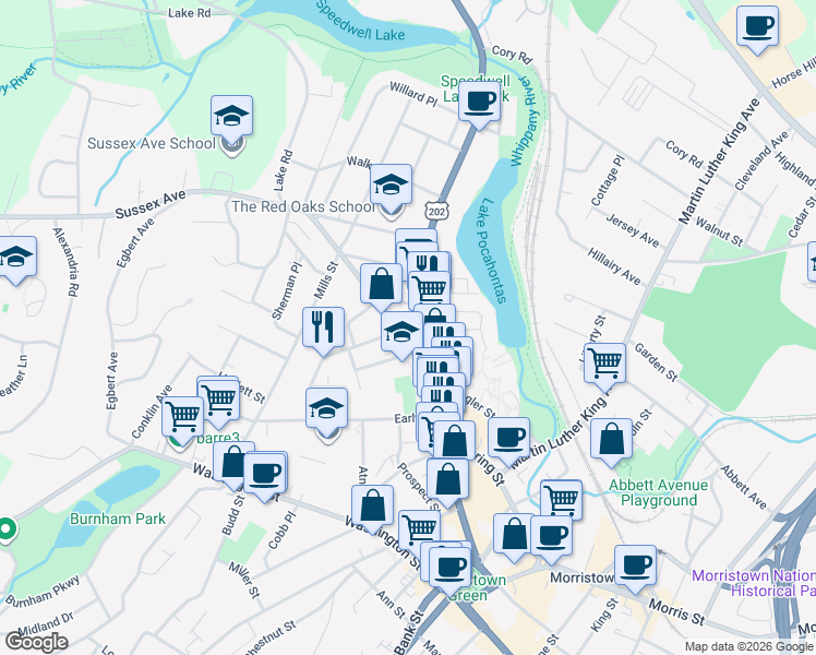 map of restaurants, bars, coffee shops, grocery stores, and more near 24 Sussex Avenue in Morristown