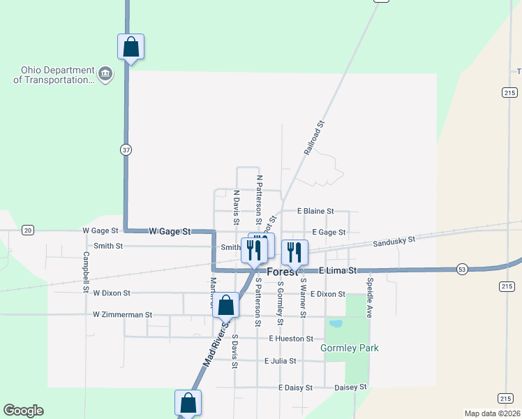 map of restaurants, bars, coffee shops, grocery stores, and more near 311 North Patterson Street in Forest