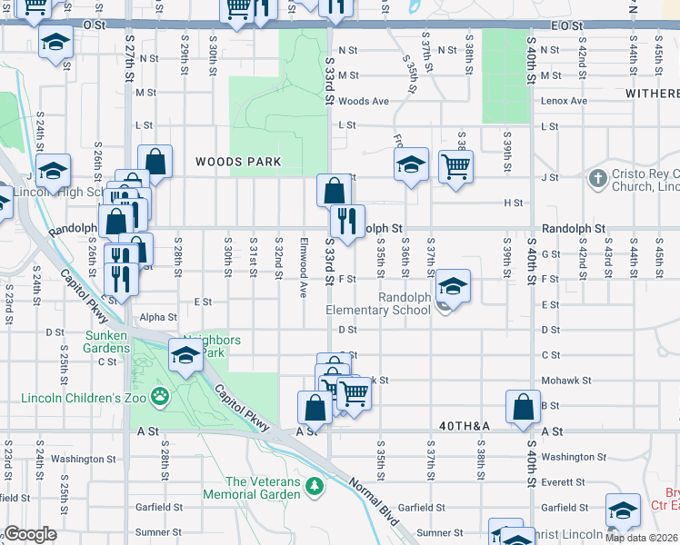 map of restaurants, bars, coffee shops, grocery stores, and more near 889 South 34th Street in Lincoln