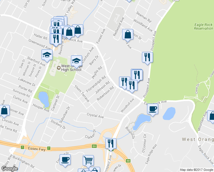 map of restaurants, bars, coffee shops, grocery stores, and more near 8 Johnson Road in West Orange