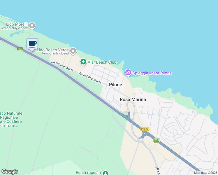 map of restaurants, bars, coffee shops, grocery stores, and more near 13 Via del Procaccia in Rosa Marina