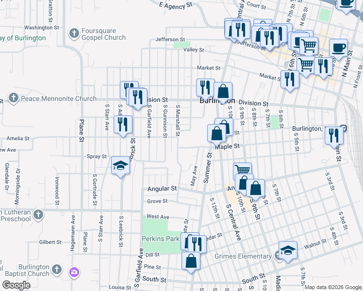 map of restaurants, bars, coffee shops, grocery stores, and more near Vine Street in Burlington