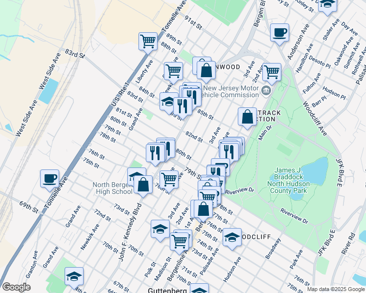 map of restaurants, bars, coffee shops, grocery stores, and more near 8009 5th Avenue in North Bergen