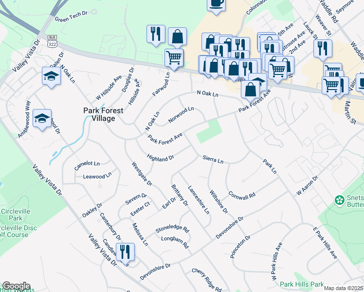 map of restaurants, bars, coffee shops, grocery stores, and more near 1957 Highland Drive in State College