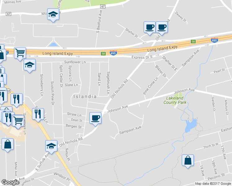 map of restaurants, bars, coffee shops, grocery stores, and more near 1161 Old Nichols Road in Ronkonkoma