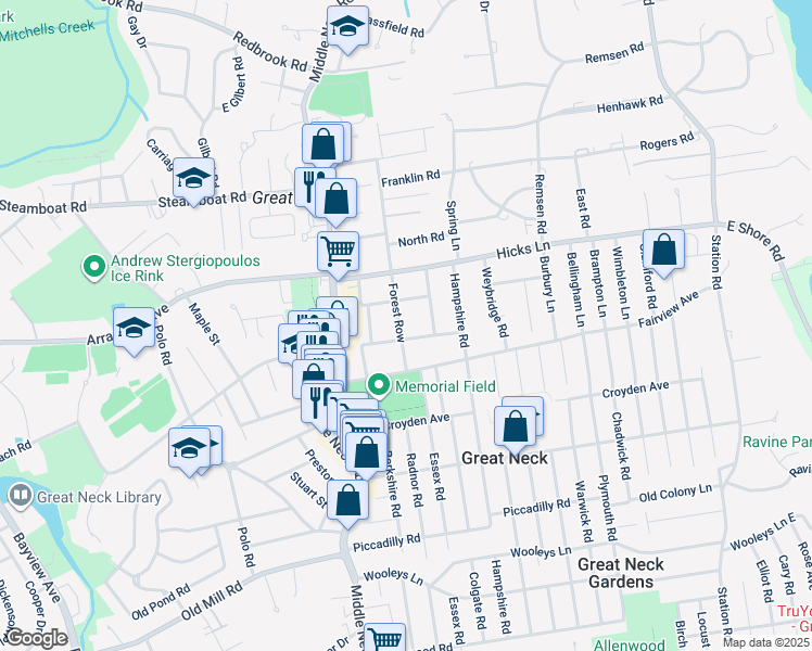 map of restaurants, bars, coffee shops, grocery stores, and more near 15 Forest Row in Great Neck
