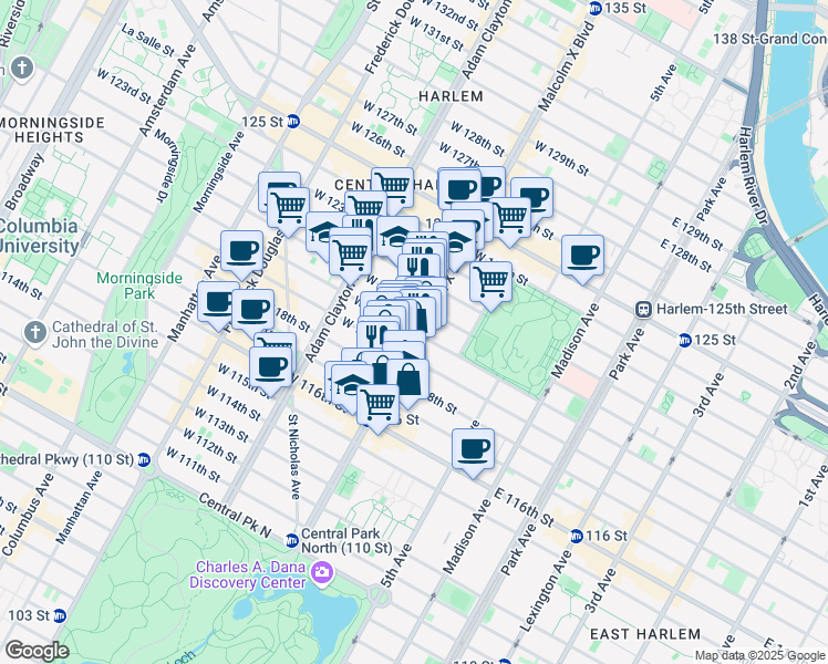 map of restaurants, bars, coffee shops, grocery stores, and more near Lenox Avenue & West 120th Street in New York