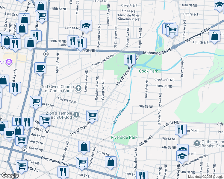 map of restaurants, bars, coffee shops, grocery stores, and more near 937 670 in Canton