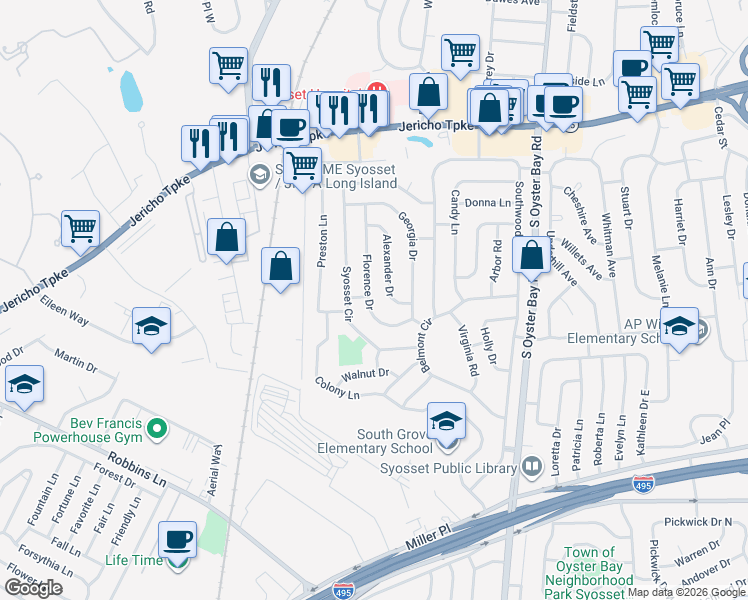 map of restaurants, bars, coffee shops, grocery stores, and more near 30 Florence Drive in Syosset