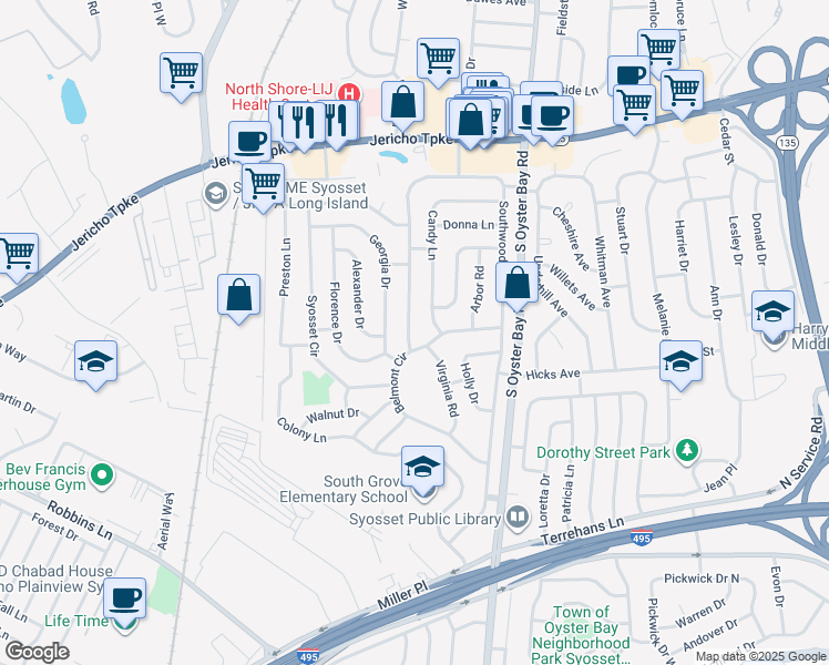 map of restaurants, bars, coffee shops, grocery stores, and more near 10 Southwood Circle in Syosset