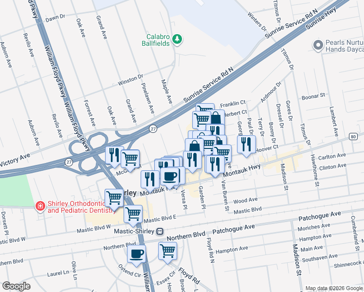 map of restaurants, bars, coffee shops, grocery stores, and more near 261 McGraw Street in Shirley