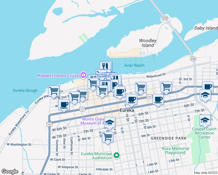 map of restaurants, bars, coffee shops, grocery stores, and more near 427 2nd Street in Eureka