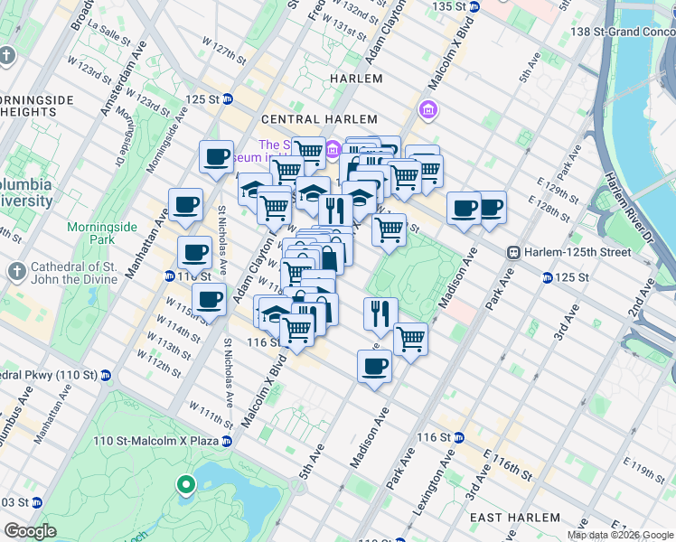 map of restaurants, bars, coffee shops, grocery stores, and more near 19 West 120th Street in New York