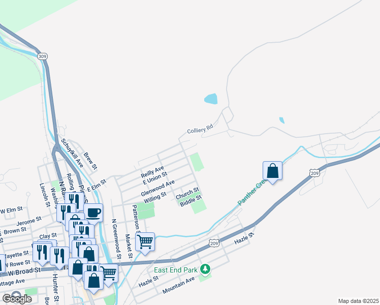 map of restaurants, bars, coffee shops, grocery stores, and more near 606 East Elm Street in Tamaqua
