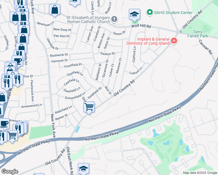 map of restaurants, bars, coffee shops, grocery stores, and more near 2 Oakland Avenue in Melville