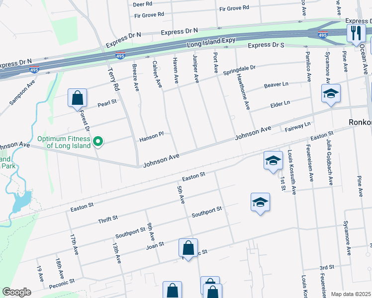 map of restaurants, bars, coffee shops, grocery stores, and more near 567 Johnson Avenue in Ronkonkoma