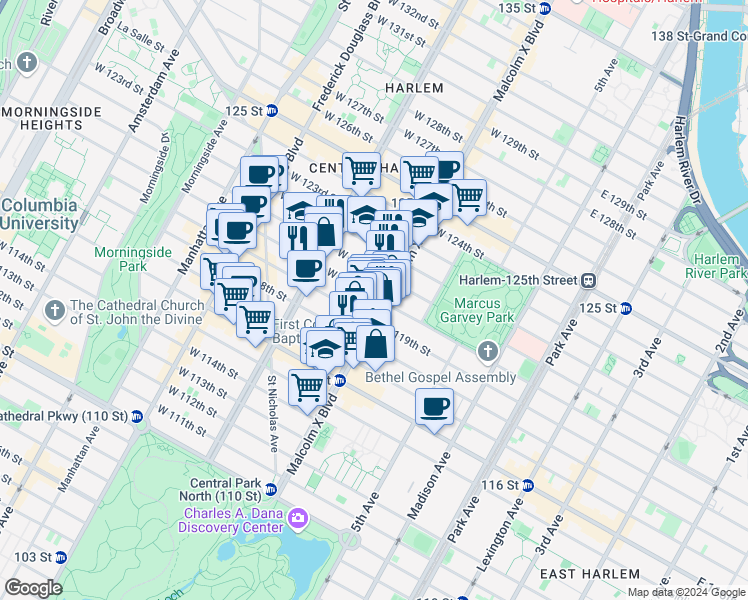 map of restaurants, bars, coffee shops, grocery stores, and more near 199 Malcolm X Boulevard in New York