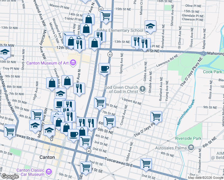 map of restaurants, bars, coffee shops, grocery stores, and more near 601 9th Street Northeast in Canton