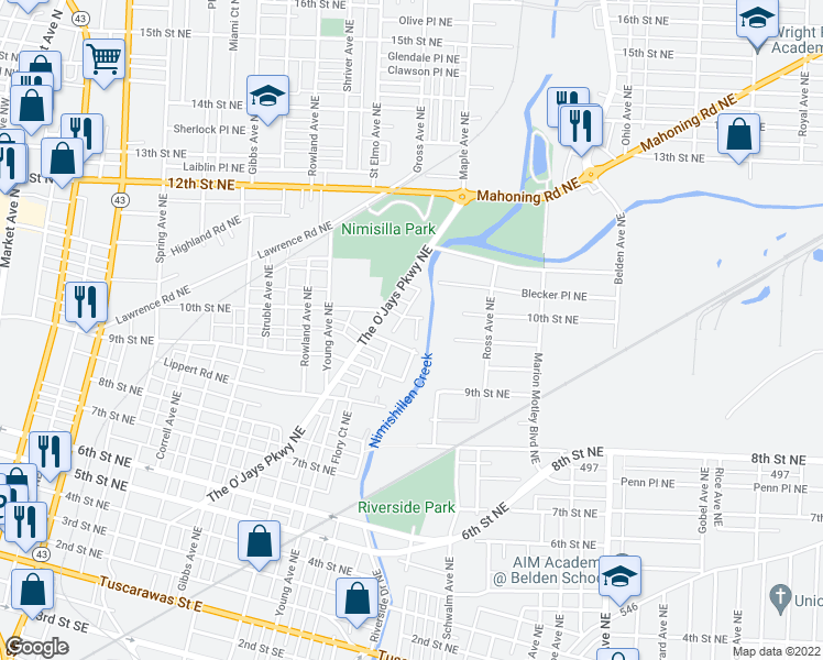 map of restaurants, bars, coffee shops, grocery stores, and more near 1628 10th Street Northeast in Canton