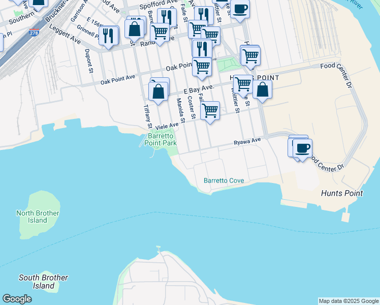 map of restaurants, bars, coffee shops, grocery stores, and more near Ryawa Avenue in Bronx