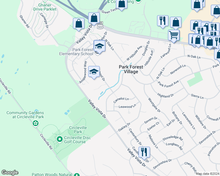 map of restaurants, bars, coffee shops, grocery stores, and more near 2181 School Drive in State College