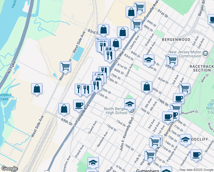 map of restaurants, bars, coffee shops, grocery stores, and more near 1701 77th Street in North Bergen