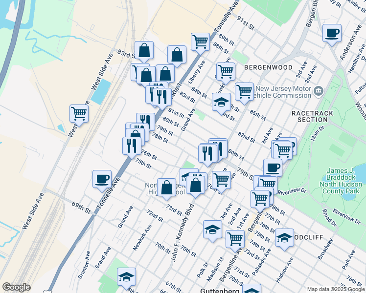 map of restaurants, bars, coffee shops, grocery stores, and more near 1400 78th Street in North Bergen