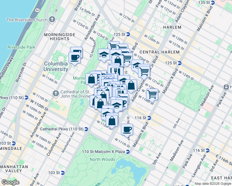 map of restaurants, bars, coffee shops, grocery stores, and more near 251 West 116th Street in New York